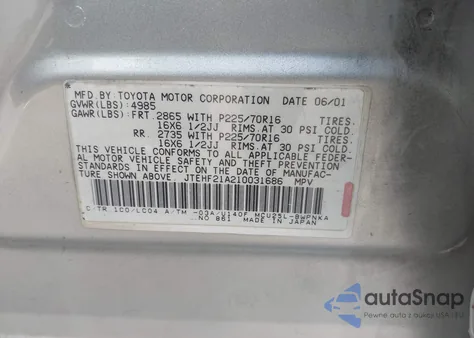 2001 Toyota Highlander V6 from USA, damaged, VIN JTEHF21A210031686